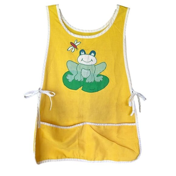 Vintage Youth Childs Yellow Small Apron Painting Smock With Frog & Dragonfly - Picture 1 of 3